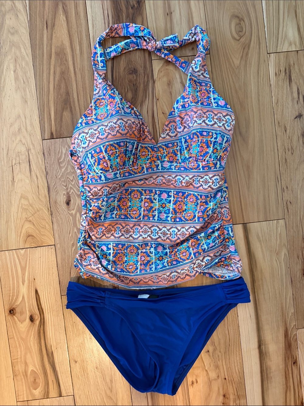 La Blanca Blue and Peach Printed Tankini Swim Set